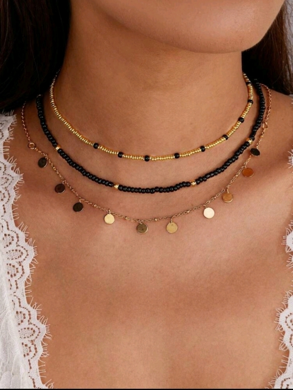 NEW! Boho Layered Gold and Black Bead Choker Disc Charms Necklace Set